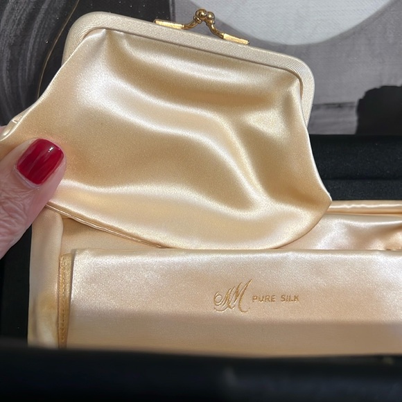 Vintage Art Deco Pure Silk Black Luxury Evening Clutch with Gold Fan Clasp 1950s